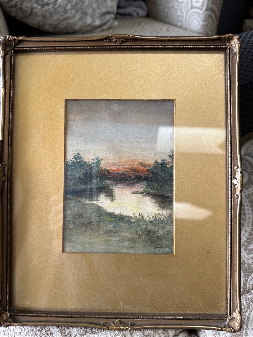Antique Framed Landscape Watercolor Artwork in Gold and Green